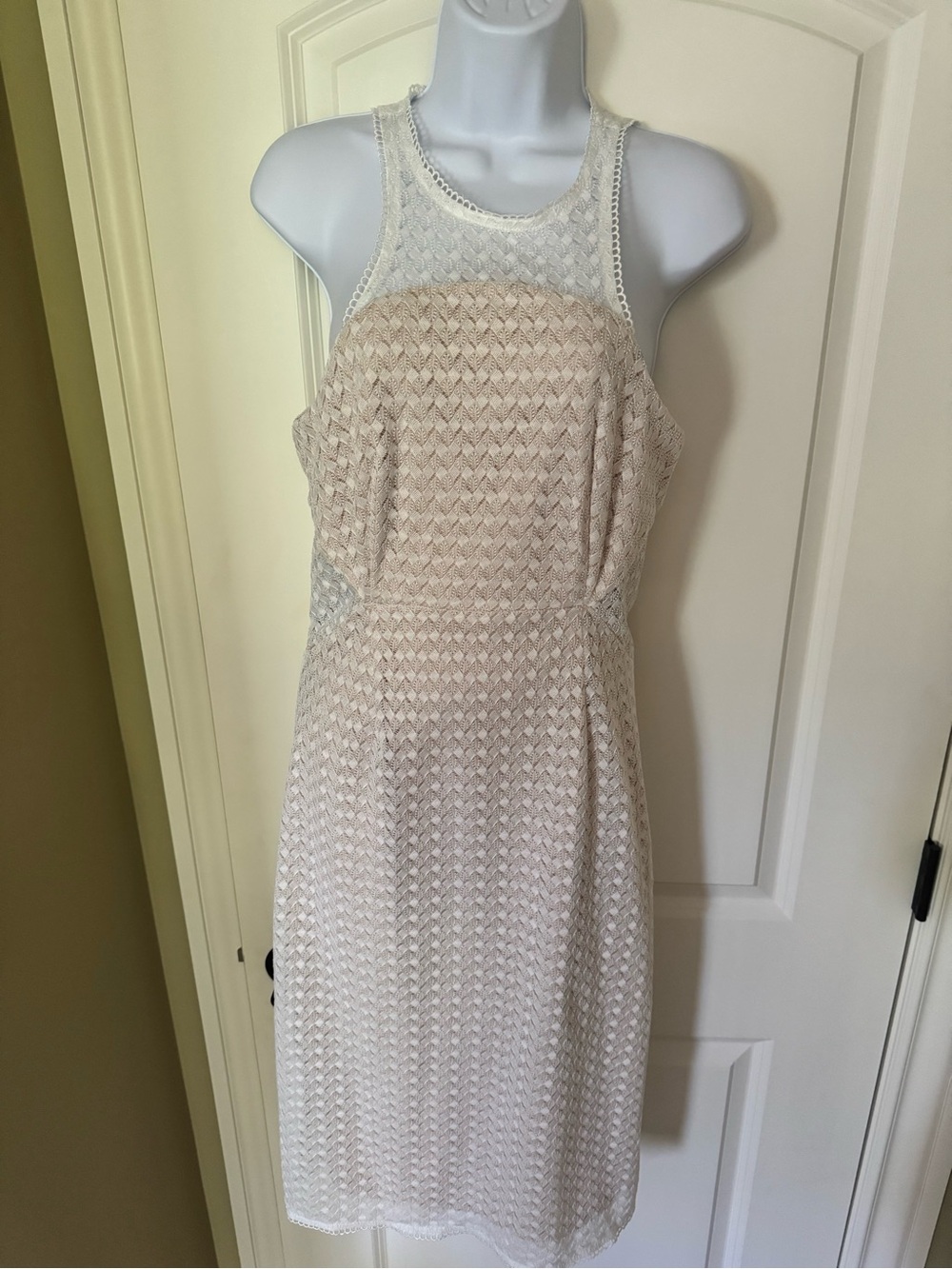 Elegant White & Nude Lace Dress by NSR - Size M, Made in USA
